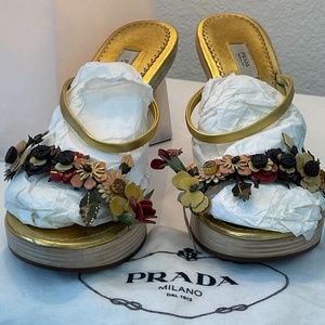 PRADA Vintage)))Metallic Gold Leather Sandal Heels